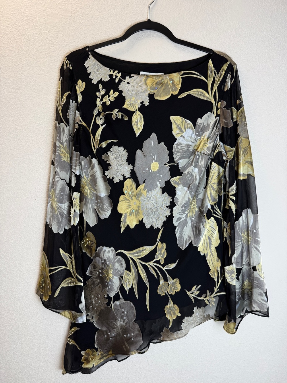 Adrianna Papell Boutique Silk Floral Beaded Asymmetrical Top Bell Sleeve L
